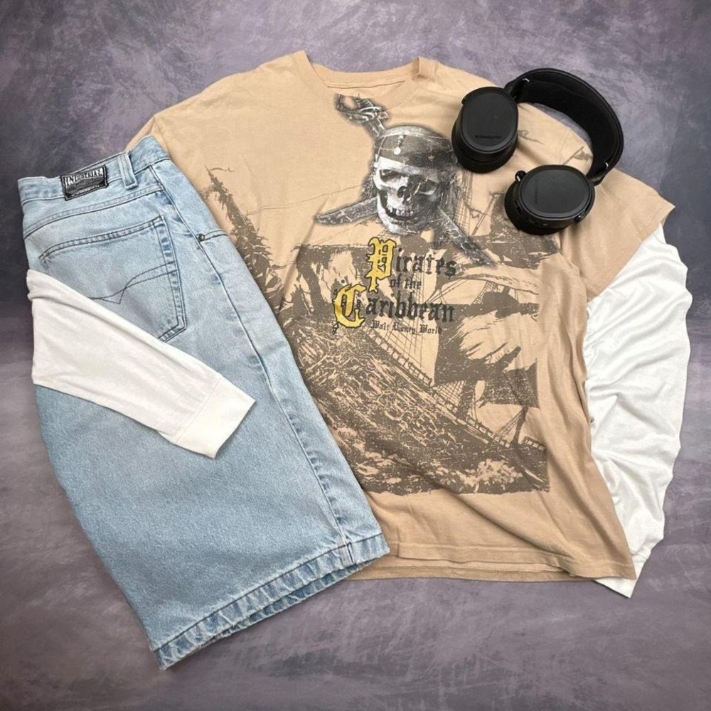 Tan Pirate Skull Graphic Tee Distressed Illustration Print Y2K Grunge XXL